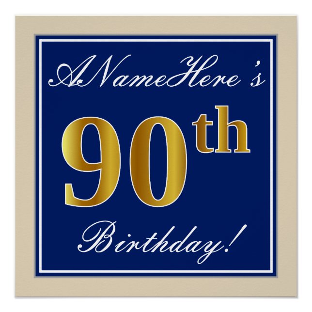 Poster Elégant, Bleu, Faux Or 90ème Anniversaire + Nom (Devant)