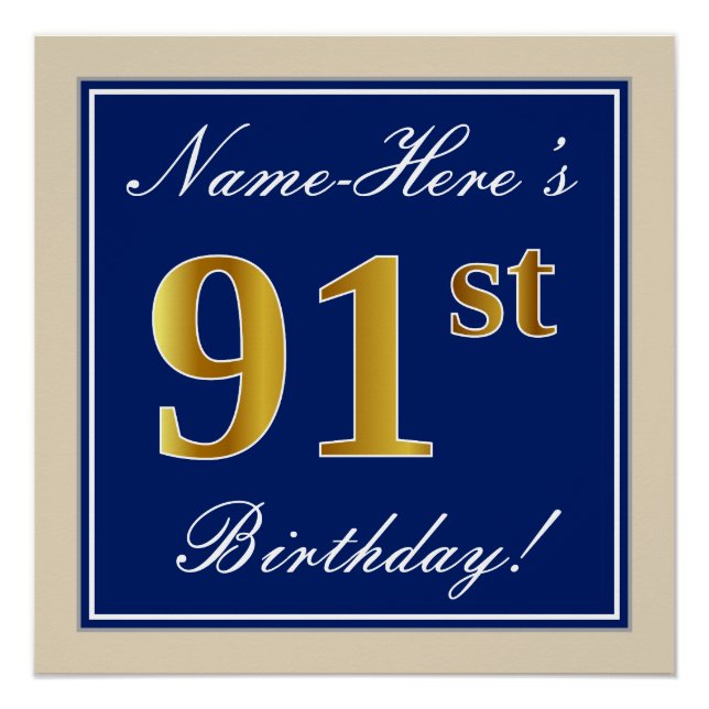 Poster Elégant, Bleu, Faux Or 91ème Anniversaire + Nom (Devant)