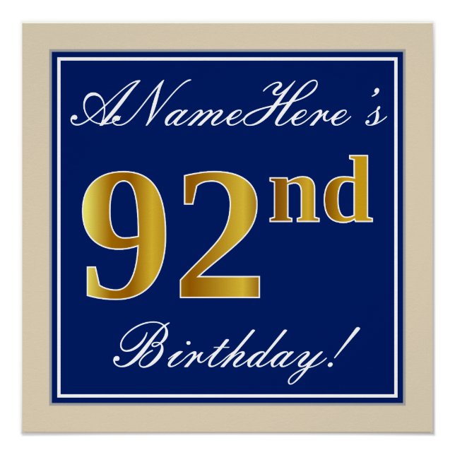 Poster Elégant, Bleu, Faux Or 92ème Anniversaire + Nom (Devant)