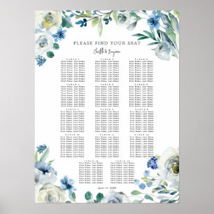 Poster Élégant bleu floral Printemps de mariage Carte de 