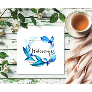 Poster Elégant bleu floral "Welcome" aquarelle Art