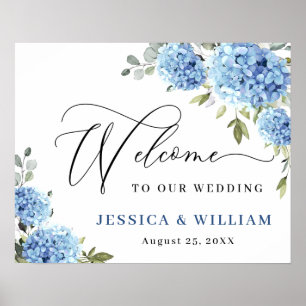 Poster Elégant bleu Hydrangea Eucalyptus Mariage Bienvenu