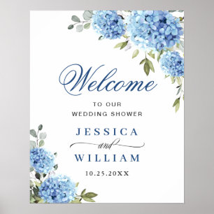 Poster Elégant bleu Hydrangea Eucalyptus Mariage Bienvenu