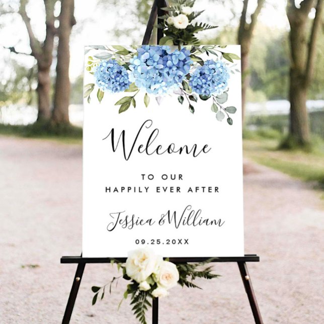 Poster Elégant bleu Hydrangea Eucalyptus Mariage Bienvenu (Créateur téléchargé)