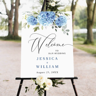 Poster Elégant bleu Hydrangea Eucalyptus Mariage Bienvenu
