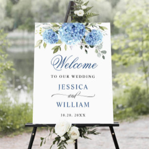 Poster Elégant bleu Hydrangea Eucalyptus Mariage Bienvenu