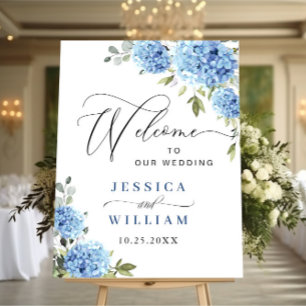 Poster Elégant bleu Hydrangea Eucalyptus Mariage Bienvenu