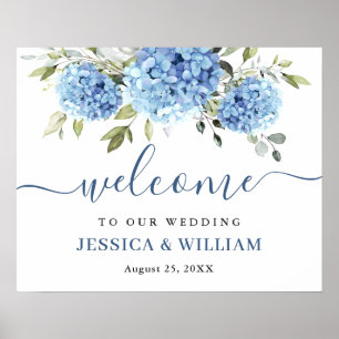 Poster Elégant bleu Hydrangea Eucalyptus Mariage Bienvenu