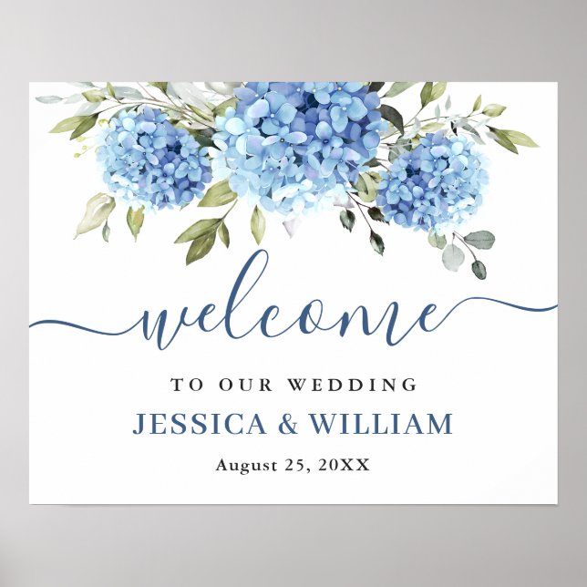 Poster Elégant bleu Hydrangea Eucalyptus Mariage Bienvenu (Devant)