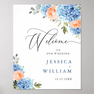 Poster Élégant bleu Hydrangea rose Rose Mariage