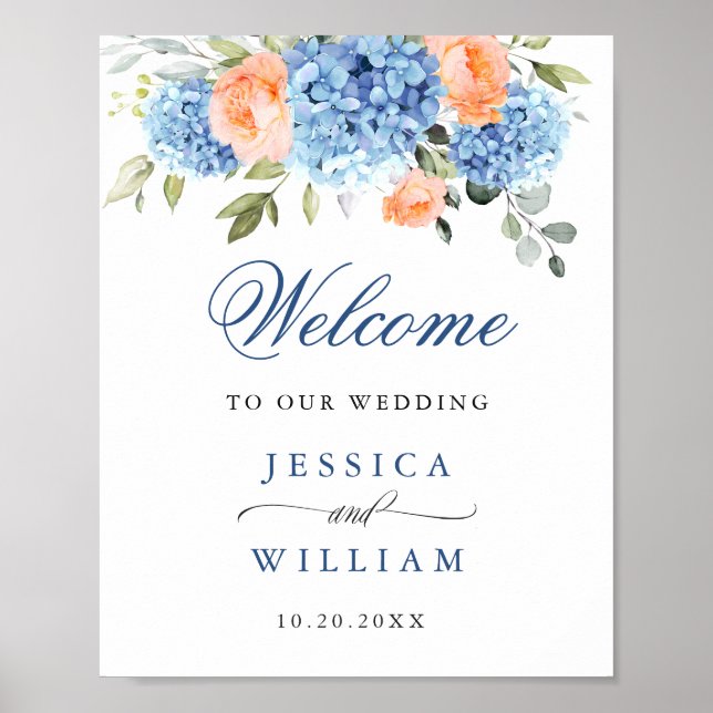Poster Élégant bleu Hydrangea rose Rose Mariage (Devant)