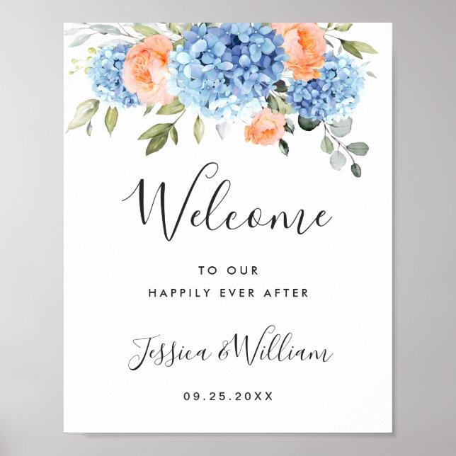 Poster Élégant bleu Hydrangea rose Rose Mariage (Devant)