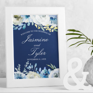 Poster Elégant bleu marine Floral Bienvenue à notre Maria