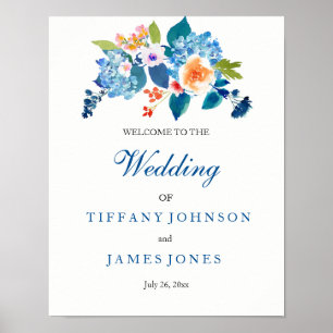 Poster Elégant Bleu & Pêcher Floral Mariage Weclome Poste