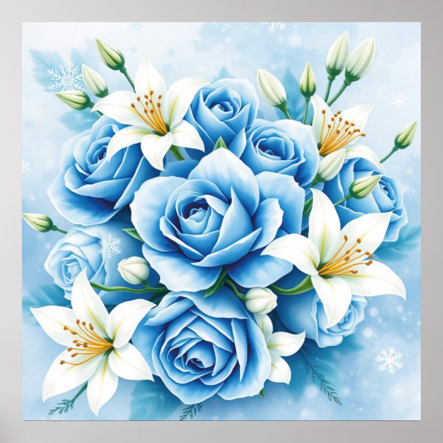 Poster Elégant bleu Rose Floral Art Imprimer (Devant)