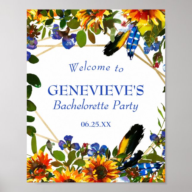 Poster Elégant Blue Floral Bachelorette Party Bienvenue (Devant)