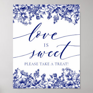 Poster Élégant Blue Floral Love is Sweet Treat Favoriser