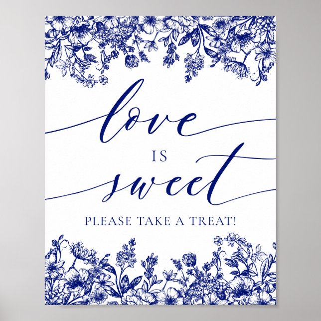 Poster Élégant Blue Floral Love is Sweet Treat Favoriser  (Devant)