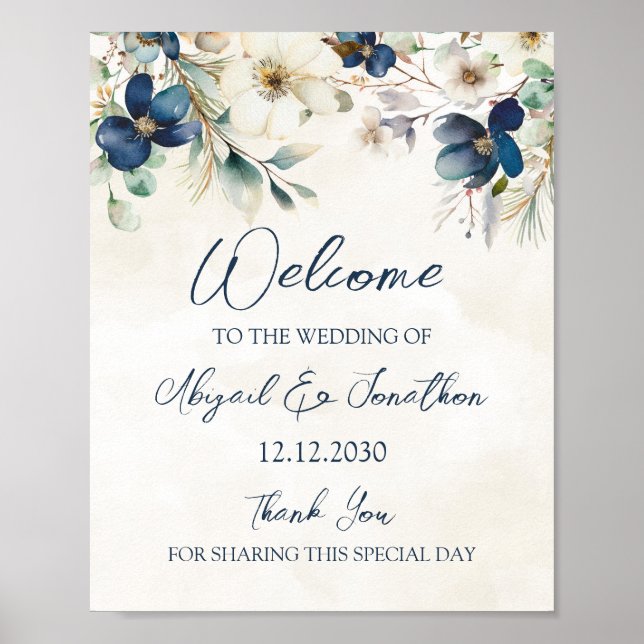 Poster Elegant Blue Floral Winter Wedding Welcome (Devant)