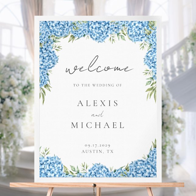 Poster Elégant Blue Hydrangea Floral Mariage Bienvenue (Créateur téléchargé)