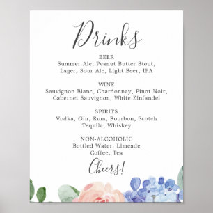 Poster Élégant Blue Hydrangea Mariage Boissons Menu Signe