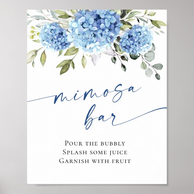 Poster Elégant Blue Hydrangea Mimosa Bar Mariage (Devant)
