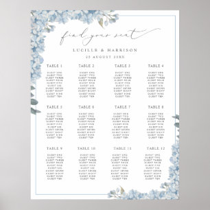 Poster Elégant Blue Hydrangeas Mariage Plan de siège