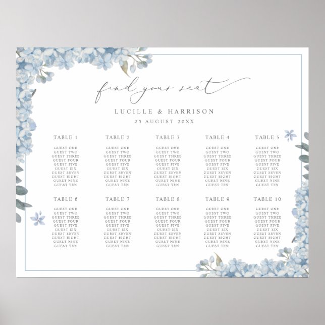 Poster Elégant Blue Hydrangeas Mariage Plan de siège (Devant)