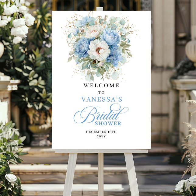 Poster Elegant Blue Peonies Gold Bridal Shower Welcome (Elegant Blue Peonies Gold Bridal Shower Welcome)