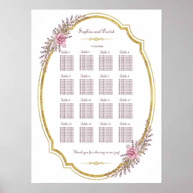 Poster Élégant Blush Floral Gold Frame Seaton Chart (Devant)