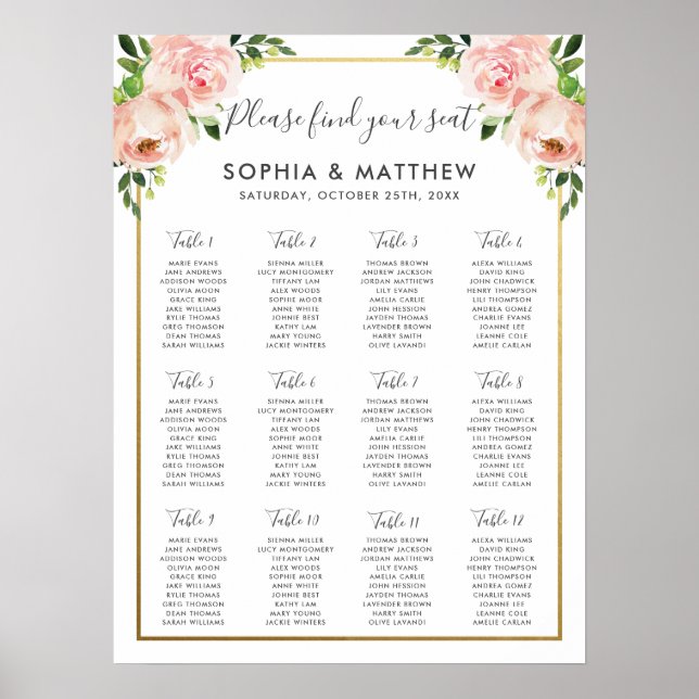 Poster Élégant Blush Floral Mariage Carte de siège (Devant)