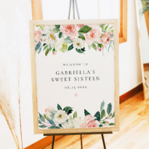 Poster Élégant Blush Rose Floral Sweet 16 Bienvenue