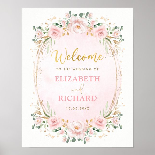 Poster Elégant Blush Rose or Mariage Floral Bienvenue (Devant)