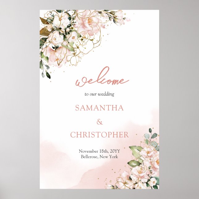 Poster Elégant boho aquarelle rose pâle mariage accueil (Devant)