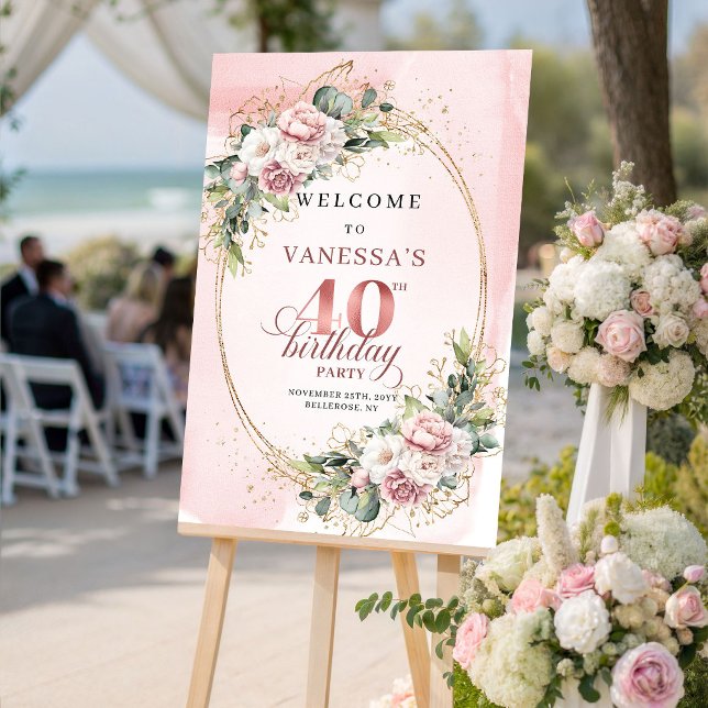 Poster Elegant Boho Dusty Pink Greenery 40th Birthday   (Elegant Boho Dusty Pink Greenery 40th Birthday Welcome)