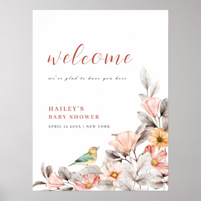 Poster Elegant Boho Fleur sauvage Baby shower Bienvenue (Devant)