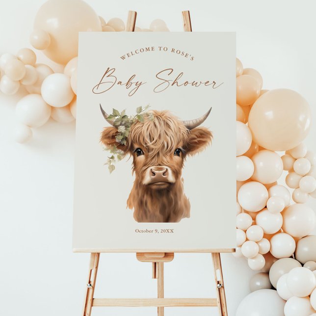 Poster Elegant Boho Highland Baby shower de vache Bienven (Boho Highland Cow Script Baby Shower Welcome Sign.)
