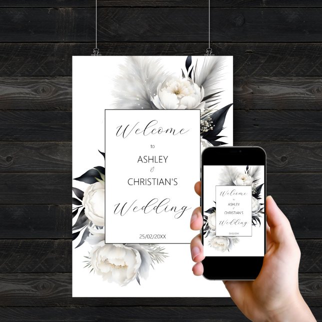 Poster Élégant Boho noir et blanc mariage signe d'accueil (Elegant Black and white peonies boho editable template wedding welcome sign poster digital download)
