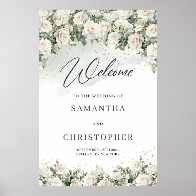 Poster Elégant Boho White Roses Floral Garden verdure (Devant)