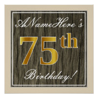 Élégant, Bois Faux, Or Faux 75e Anniversaire + Nom