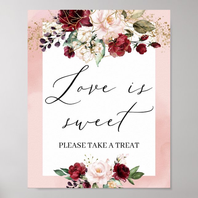 Poster Élégant bordeaux floral or blush amour est doux (Devant)