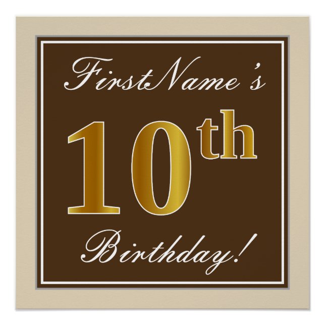 Poster Elégant, Brown, Faux Gold 10e anniversaire + Nom (Devant)