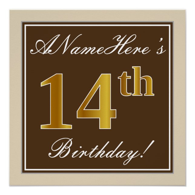 Poster Elégant, Brown, Faux Gold 14ème anniversaire + Nom (Devant)