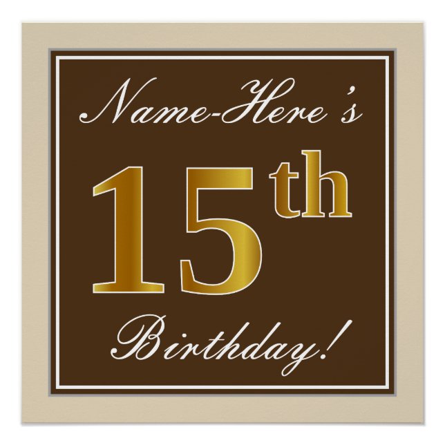 Poster Elégant, Brown, Faux Gold 15ème anniversaire + Nom (Devant)