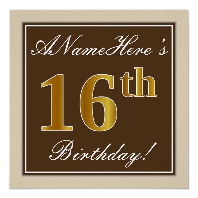 Poster Elégant, Brown, Faux Gold 16ème anniversaire + Nom (Devant)