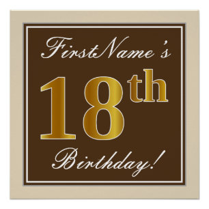 Poster Elégant, Brown, Faux Gold 18ème anniversaire + Nom