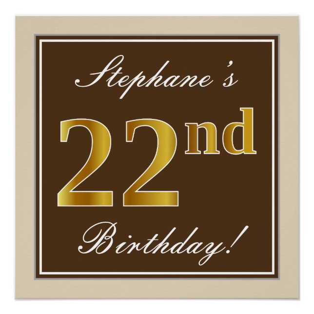 Poster Elégant, Brown, Faux Gold 22ème anniversaire + Nom (Devant)
