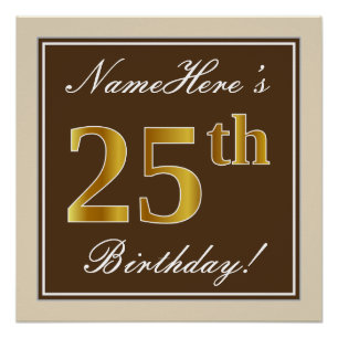 Poster Elégant, Brown, Faux Gold 25e anniversaire + Nom