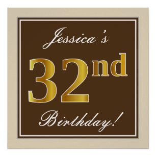 Poster Elégant, Brown, Faux Gold 32e anniversaire + Nom