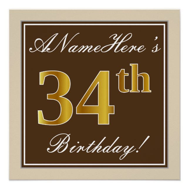 Poster Elégant, Brown, Faux Gold 34ème anniversaire + Nom (Devant)